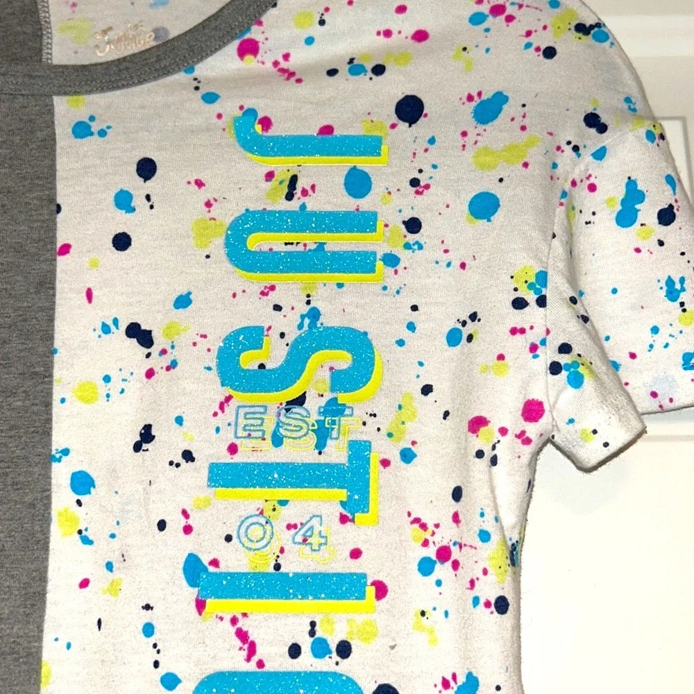 Justice Kids' Girls Splatter T-Shirt SM Gray White Sparkle Colorful Casual